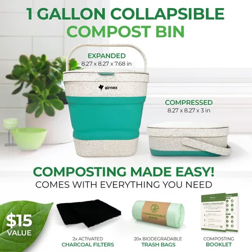 Miniatura 2 de AIRNEX Contenedor de Compost Pequeño Plegable con Tapa - Cubo de Compost de 1 Galón Caddy para Residuos de Alimentos Hecho de Paja de Trigo - Verde