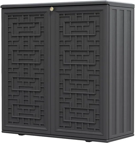 Miniatura 9 de HOMSPARK Armario de almacenamiento para interiores y exteriores con puertas y estante, caja de almacenamiento de plástico HDPE de 34 x 16 x 36 Marrón