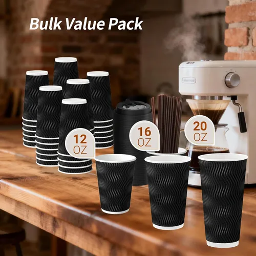 Miniatura 7 de Paquete de 100 tazas de café desechables de pared ondulada corrugada de 16 onzas con tapas y pajitas, tazas aisladas resistentes para bebidas
