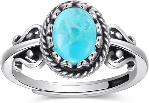 Anillo ajustable de plata de color turquesa, piedra lunaópalo para mujer, anillo de compromiso de filigrana, anillo vintage para mujer, joyería de