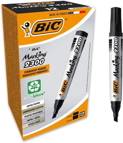 BIC Marking 2300 ECOlutions - Caja de 12 marcadores permanentes con punta de cincel mediana, color negro