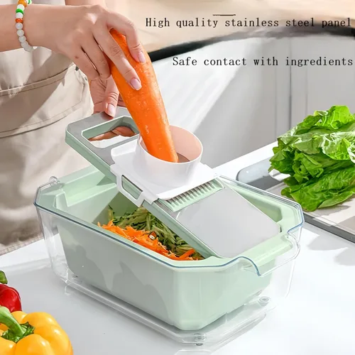 Miniatura 2 de Rallador de mandolina con cesta de drenaje, rallador de alimentos con contenedor, triturador de cocina 6 en 1 de acero inoxidable, rallador