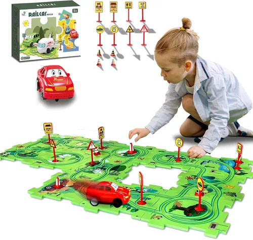 Regalo de cumpleaños para niño de 4 años, Set de pista de autos de carreras con rompecabezas para niños, Set de pista de autos Puzzle Racer con