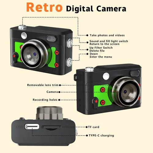 Miniatura 9 de Mini cámara retro con llavero – Cámara digital pequeña FHD de 1080P con lente de 2 MP, pantalla de 0.96 pulgadas y adaptador OTG con tarjeta de 16