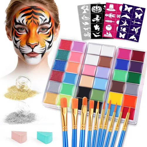 VESPRO Kit de pintura facial para fiesta de adultos, 32 colores de aceite profesional para cara y cuerpo con 10 pinceles, 4 plantillas faciales