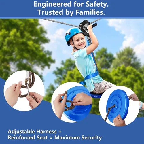 Miniatura 4 de Kit de tirolesa de 160 pies para niños y adultos, hasta 360 libras - Carrito extraíble actualizado, asiento reforzado, arnés de seguridad, tensado