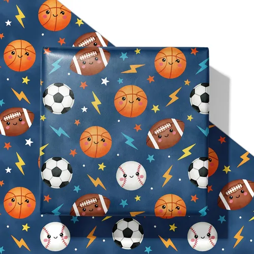 SaringSwoon Papel de regalo para baby shower para niños y niños, papel de regalo de pelota deportiva azul con diseño de baloncesto, fútbol, béisbol,