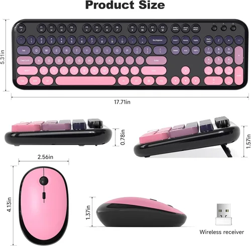 Miniatura 15 de KNOWSQT Combo de teclado y ratón inalámbrico, teclados lindos de tamaño completo estilo máquina de escribir 2.4G azul colorido - receptor USB Plug
