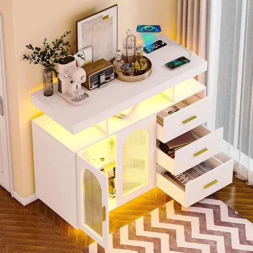 Miniatura 8 de Gabinete de buffet LED con estación de carga inalámbrica de 40 pulgadas, moderna mesa de aparador con RGB 24 colores regulables, estación de barra