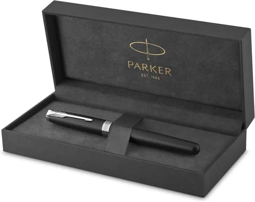 PARKER Sonnet 1931523 - Bolígrafo de punta fina, laca negra mate con borde de paladio, tinta negra de punta fina (1931523), negro mate y cromo