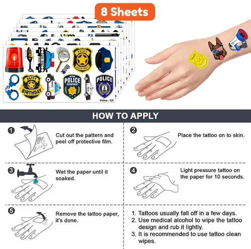 Miniatura 7 de 96 tatuajes temporales de oficial de policía para niños, 8 hojas de calcomanías lindas con temática de policía, recuerdos de fiesta de cumpleaños