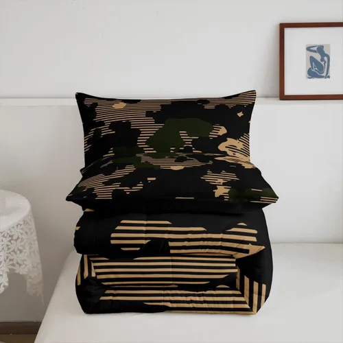 Miniatura 7 de Erosebridal Juego de ropa de cama de camuflaje marrón y negro, moderno juego de edredón abstracto de camuflaje militar, edredón acolchado con rayas