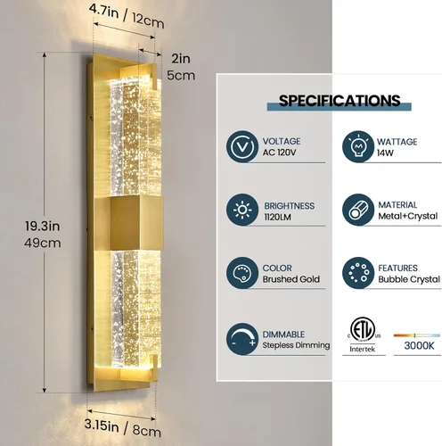 Miniatura 2 de WOSHITU Aplique de pared LED: apliques modernos dorados de 19 pulgadas, iluminación de pared, 3000 K, lámparas de pared de cristal regulables