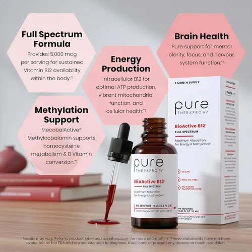 Miniatura 4 de Pure TheraPro BioActive Vegan Metilada Vitamina B12 Sublingual Líquida Metilcobalamina, Hidrocobalamina y Adenosilcobalamina 1,000 mcg por gota