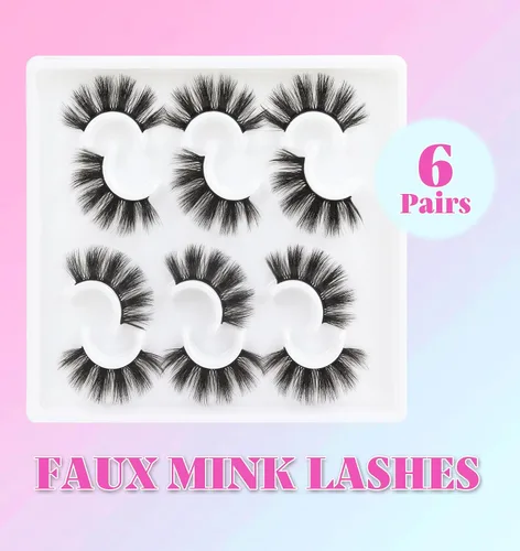Miniatura 6 de Losha 6 pares de pestañas postizas esponjosas para mujer, 0.787 in de largo, dramáticas tiras de visón sintético, paquete de pestañas 5D para un