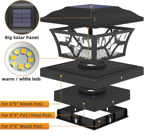 Miniatura 5 de APONUO Paquete de 8 Luces Solares para Postes con Batería de 1000mAh - para Cercas de 4x4 5x5 6x6, Tamaño Más Grande y Más Duraderas, 2 Modos, Negro