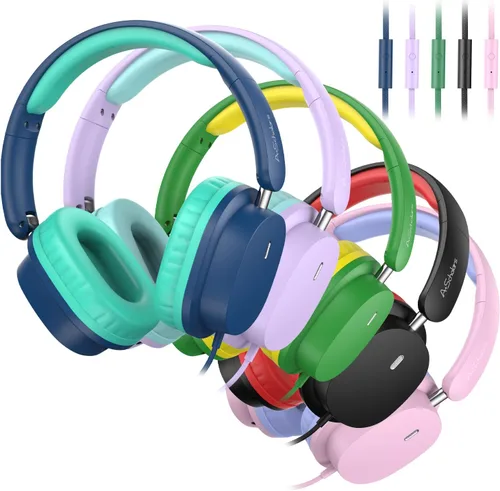Miniatura 8 de Auriculares para niños en paquete de 5 unidades para la escuela, auriculares con micrófono HD y sonido estéreo sobre la oreja para el aula, ajuste