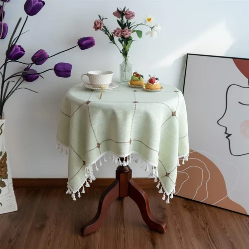 Miniatura 7 de Gernaice Mantel pequeño bordado rústico con borlas, cuadrado, a prueba de polvo, para cocina, comedor, picnic, fiesta, decoración del hogar Marrón