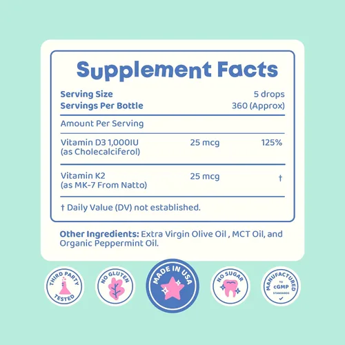 Miniatura 7 de JoySpring Vitamina D3 Kids Drops con K2 – Suplemento líquido para absorción de calcio y salud articular – 360 porciones (2 fl oz) – Vitamina D