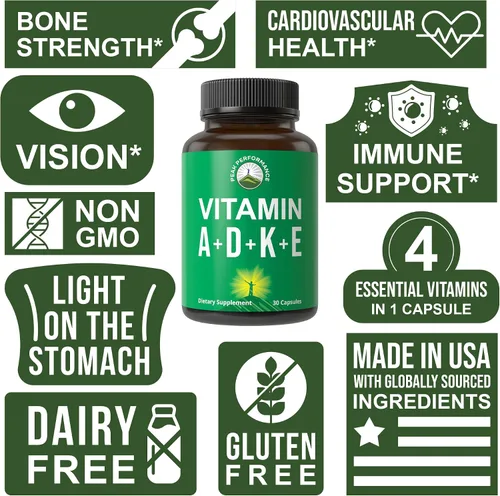Miniatura 7 de Peak Performance Vitaminas D 5,000 UI + A + K + E Todo en 1 Cápsula Vegana Fácil de Tragar. Suplemento Vitamínico ADK con E D3 K2. Vitaminas
