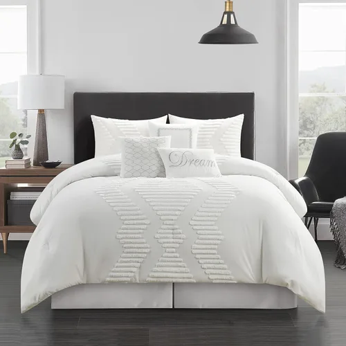 Stratford Park Juego de edredón bordado de 7 piezas, blanco, tamaño Queen, diseño moderno, juego de ropa de cama para todas las estaciones, falda de
