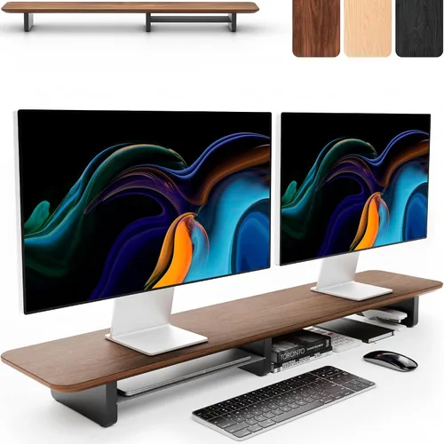 Miniatura 9 de KIVY Elevador de monitor doble con estante de metal integrado [hecho a mano], estante de escritorio de madera para 2 monitores, soporte largo ancho
