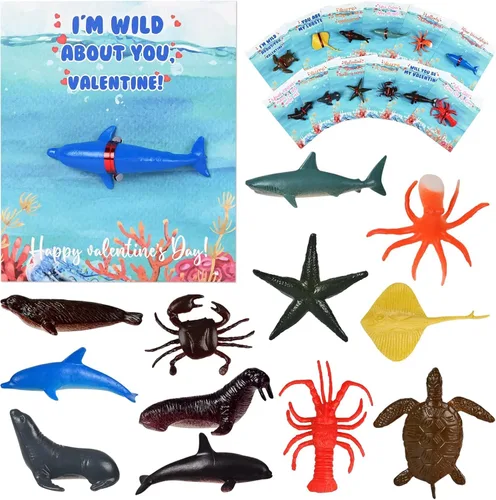 POPGIFTU Regalos para el día de San Valentín para niños, paquete de 36 tarjetas de San Valentín de animales marinos con mini juguetes oceánicos,
