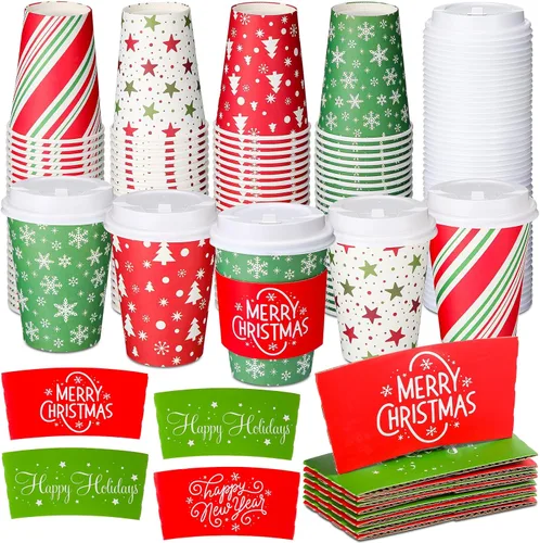 Miniatura 11 de Yungyan Paquete de 100 Tazas de Café Desechables de Navidad de 12 oz con Tapas y Mangas, Tazas de Café de Papel Aisladas con Tapas de Cúpula