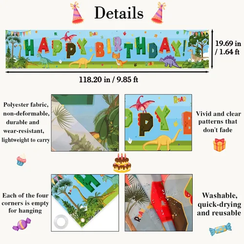 Miniatura 2 de Kimini-Ki Cartel grande de dinosaurio de feliz cumpleaños, decoración de fiesta de cumpleaños de dinosaurio en acuarela para niños y niñas