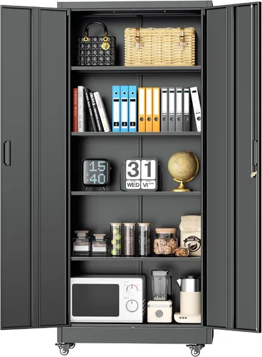 Miniatura 23 de INTERGREAT Gabinete de almacenamiento de acero con cerradura, gabinetes de almacenamiento de metal con cerradura con 2 estantes ajustables, gabinete