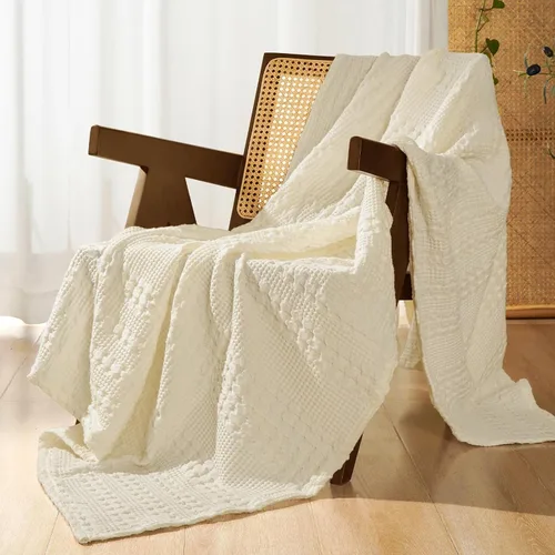 Miniatura 61 de PHF - Manta tejida de punto gofre 100% algodón, suave, ligera, transpirable, acogedora, de verano, para sofá y cama, tejida, estética, decoración