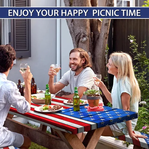 Miniatura 6 de Juego de fundas para mesa de picnic con bandera estadounidense con textura de madera, impermeable, resistente al viento, para campamento, manteles