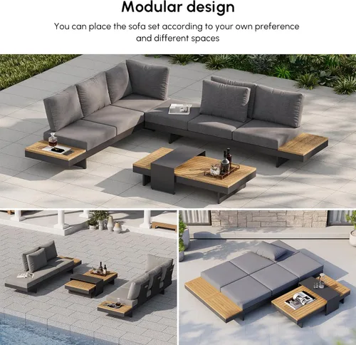 Miniatura 2 de homary Juego de 6 sofás seccionales de aluminio y teca para exteriores con respaldos ajustables, cojines impermeables, ideal para patios y balcones