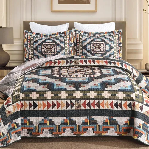 Miniatura 9 de MarCielo Juego de ropa de cama bohemia, colcha acolchada de 3 piezas, azul, King, poliéster
