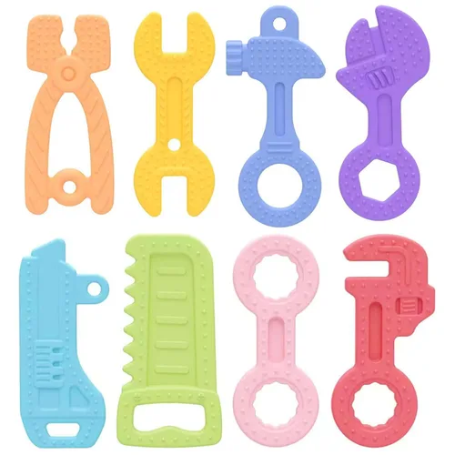 Miniatura 7 de Fu Store Paquete de 4 juguetes de dentición de silicona suave para niños de 0 a 12 meses, 6 a 24 meses, martillo para bebés, llave inglesa