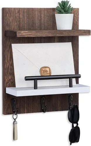 Miniatura 9 de Soporte de pared para llaves, decoración de estante de correo con 3 ganchos para llaves, organizador de pared de madera versátil para entrada