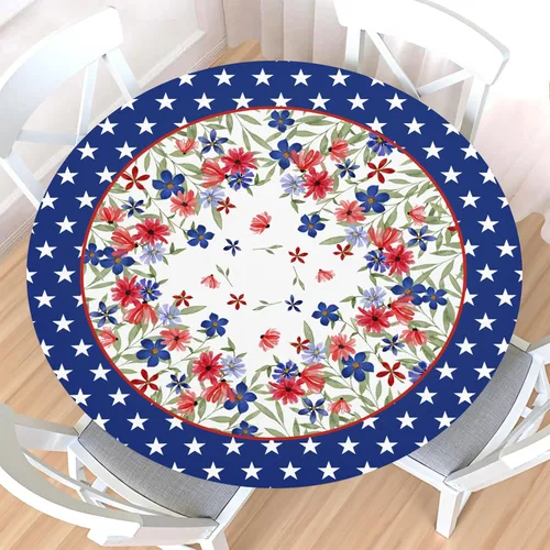 Miniatura 78 de Mantel redondo ajustable para el 4 de julio con borde elástico, impermeable, lavable, azul, rojo, blanco, estrella, patriótica, independencia, Día