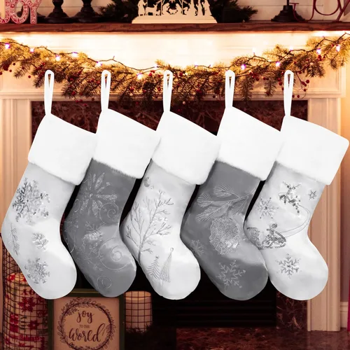 Miniatura 13 de GEX Medias de Navidad Paquete de 6 para Familia 20" Grandes Lentejuelas Doradas de Seda con Suave Piel Sintética Bordada Decoraciones Clásicas