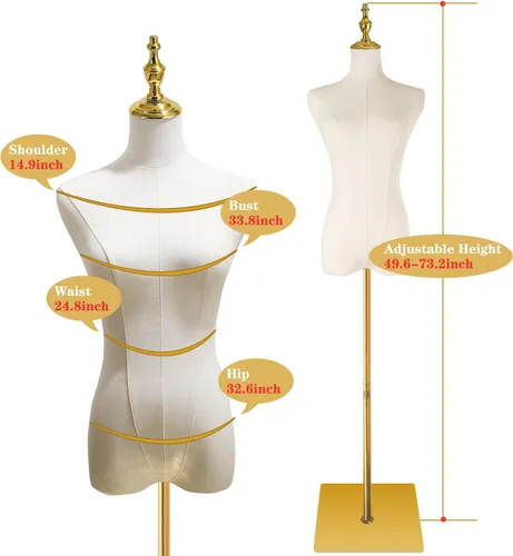 Miniatura 5 de Maniquí femenino ajustable con forma de torso para exhibición de ropa con soporte de metal dorado
