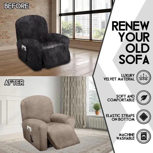 Miniatura 4 de ULTICOR Funda reclinable de terciopelo para sofá reclinable de 4 piezas, 1 asiento, fundas elásticas de terciopelo para sofá reclinable de 1 cojín
