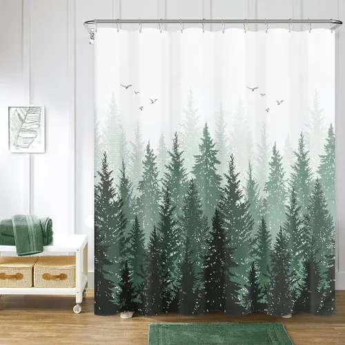 Hokibero Cortinas de ducha de tela de árbol natural de montaña de bosque brumoso verde oscuro para baño, impermeable, resistente, verde y blanco,