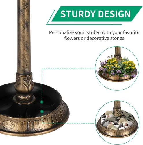 Miniatura 4 de Outvita baño para pájaros al aire libre, decoraciones de baños de pájaros de jardín con lámpara solar y base de maceta de flores de resina