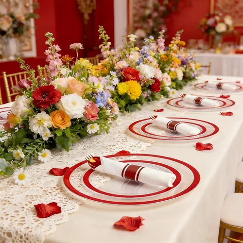 Miniatura 6 de I00000 Juego de vajilla roja de 350 piezas para 50 invitados, 50 platos de cena y 50 platos de postre, 50 tazas, 50 servilletas preenrolladas