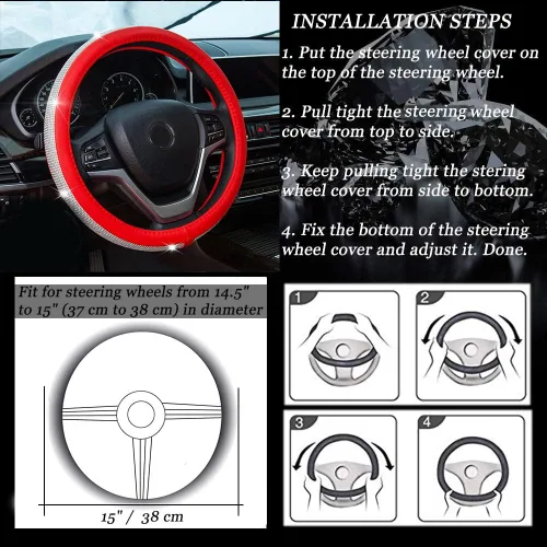 Miniatura 5 de Nueva funda para volante de cuero con diamantes de imitación con brillantes cristales de brillo, protector de rueda universal de auto de 15 pulgadas