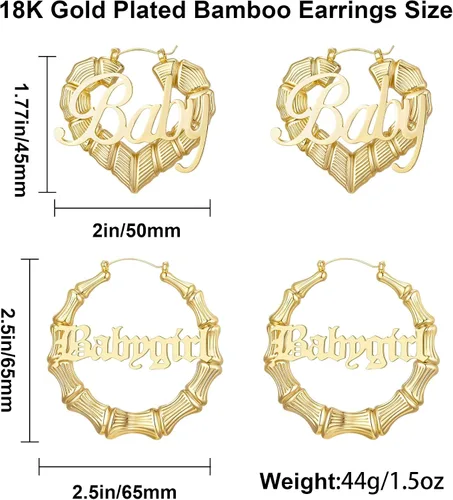 Miniatura 6 de Aretes de aro de bambú chapados en oro de 18 quilates para mujer, diseño de corazón redondo grande, estilo ghetto de los años 8090, accesorios