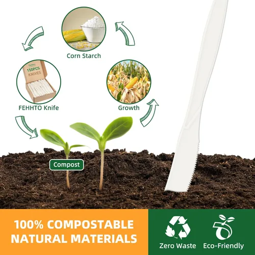 Miniatura 3 de Cuchillos 100% compostables, cubiertos desechables grandes de almidón de maíz de 7.7 pulgadas, utensilios ecológicos resistentes y duraderos