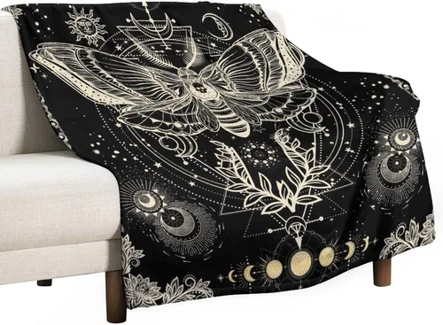 Miniatura 21 de Manta gótica de franela de polilla abstracta, mágica, bohemia, mariposa, esqueleto, luna, estrellas, manta estética para hombres, mujeres, niñas
