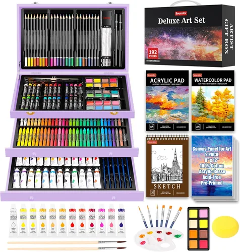 Miniatura 10 de Soucolor Suministros de arte, paquete de 192 piezas de arte de lujo, suministros de pintura de dibujo, kit de arte con almohadilla acrílica, Verde