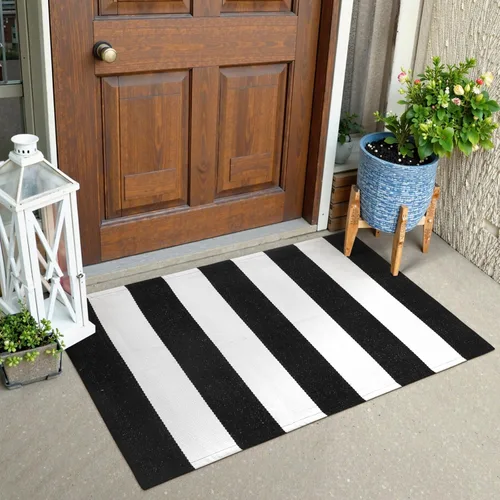 Miniatura 10 de KIMODE - Alfombra de algodón tejida con diseño a rayas en color negro, para puerta de entrada, cocina, decoración de estilo rústico