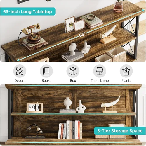 Miniatura 6 de Mesa de consola larga de 63 pulgadas con 3 niveles de almacenamiento para entrada, mesa de sofá de madera detrás del sofá para pasillo de sala